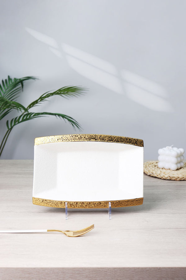TREND HOME Rechteckiger Servierteller weiß/gold 30 cm