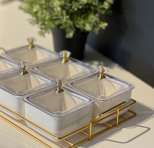 TREND HOME WHITE Aperitif-Tablett mit 6 quadratischen Schalen mit Deckel
