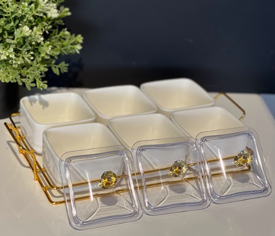 TREND HOME WHITE Aperitif-Tablett mit 6 quadratischen Schalen mit Deckel