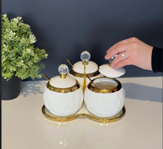 TREND HOME 3er-Set Vorratsgläser aus Porzellan weiß/gold mit Teller