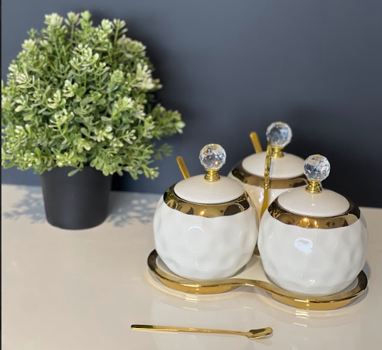 TREND HOME 3er-Set Vorratsgläser aus Porzellan weiß/gold mit Teller