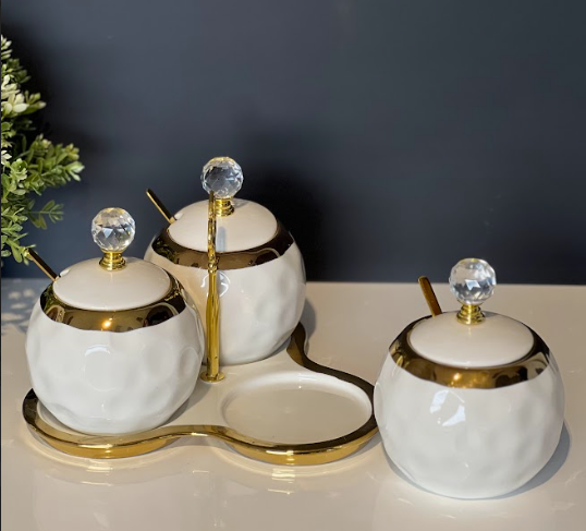 TREND HOME 3er-Set Vorratsgläser aus Porzellan weiß/gold mit Teller