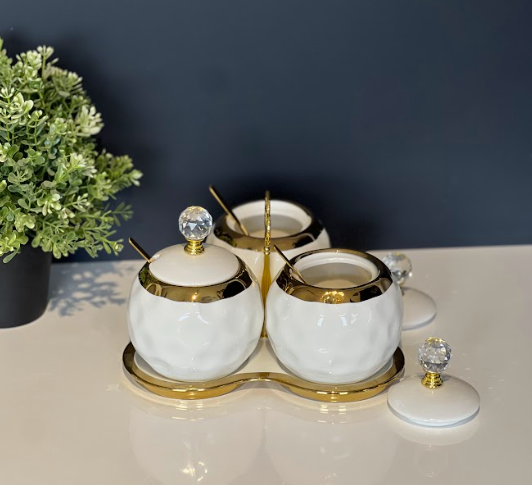 TREND HOME 3er-Set Vorratsgläser aus Porzellan weiß/gold mit Teller