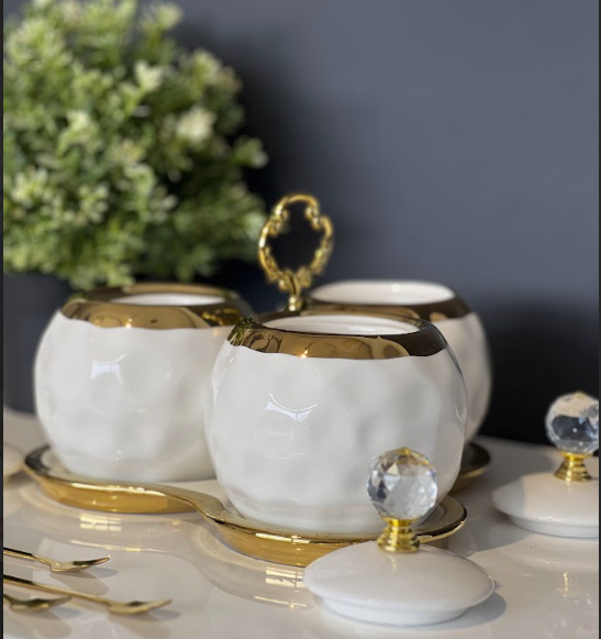 TREND HOME 3er-Set Vorratsgläser aus Porzellan weiß/gold mit Teller