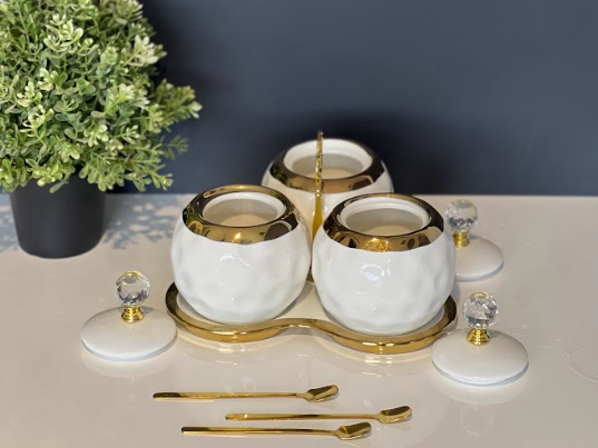 TREND HOME 3er-Set Vorratsgläser aus Porzellan weiß/gold mit Teller