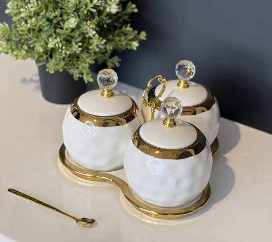 TREND HOME 3er-Set Vorratsgläser aus Porzellan weiß/gold mit Teller
