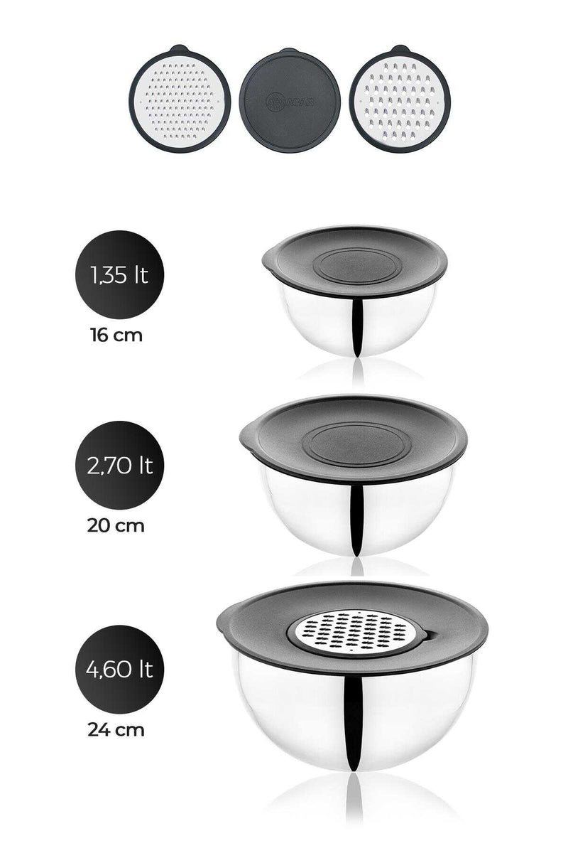ACAR KARAT 3er-Set  Rührschüsseln mit Deckeln und Reiben 24-20-16 cm 9-teilige