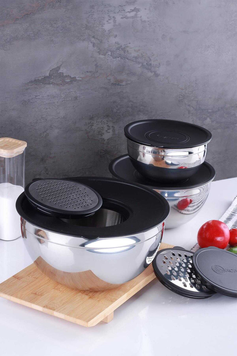 ACAR KARAT 3er-Set  Rührschüsseln mit Deckeln und Reiben 24-20-16 cm 9-teilige