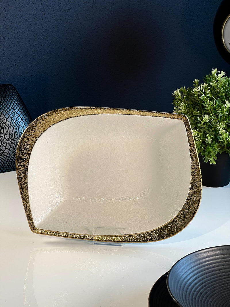 TREND HOME LEAF Servierteller aus weißem/goldenem Porzellan 