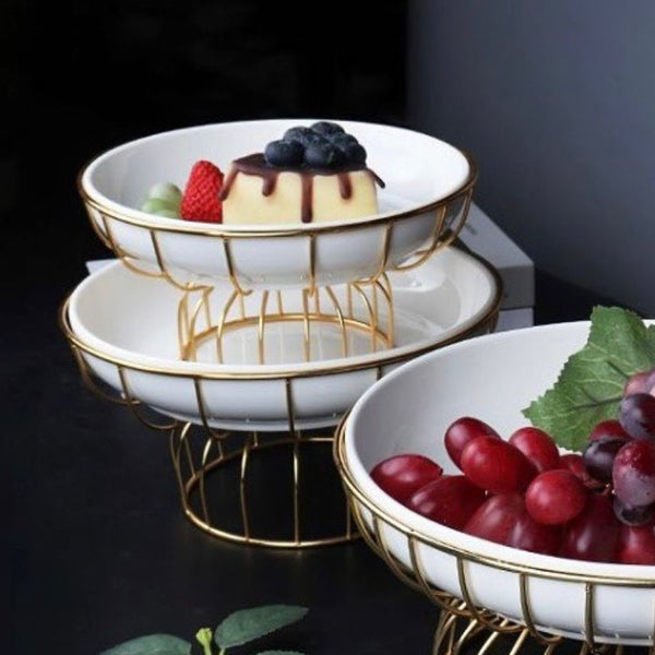 TREND HOME BOWL Servierteller aus Porzellan mit goldener Metallhalterung Kleine Größe 20 cm