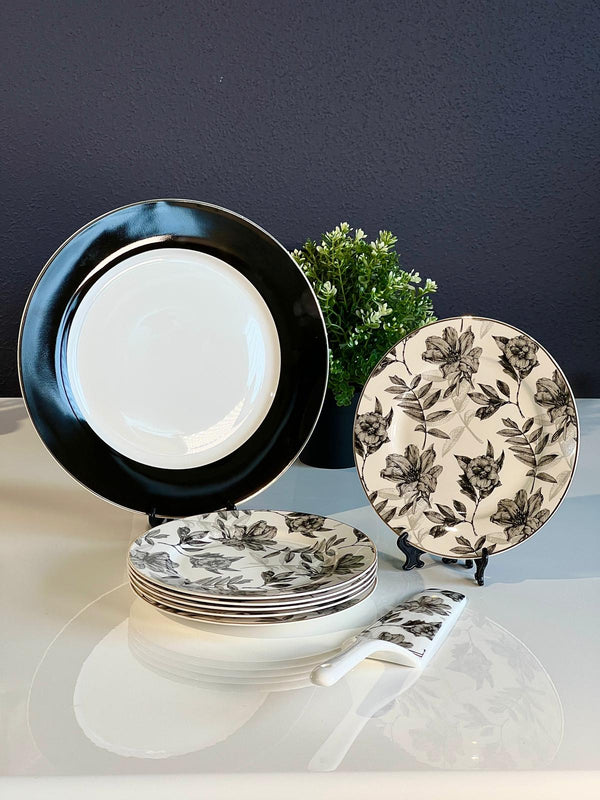 TREND HOME Set Dessertteller schwarz weiß blumig 8 Stück