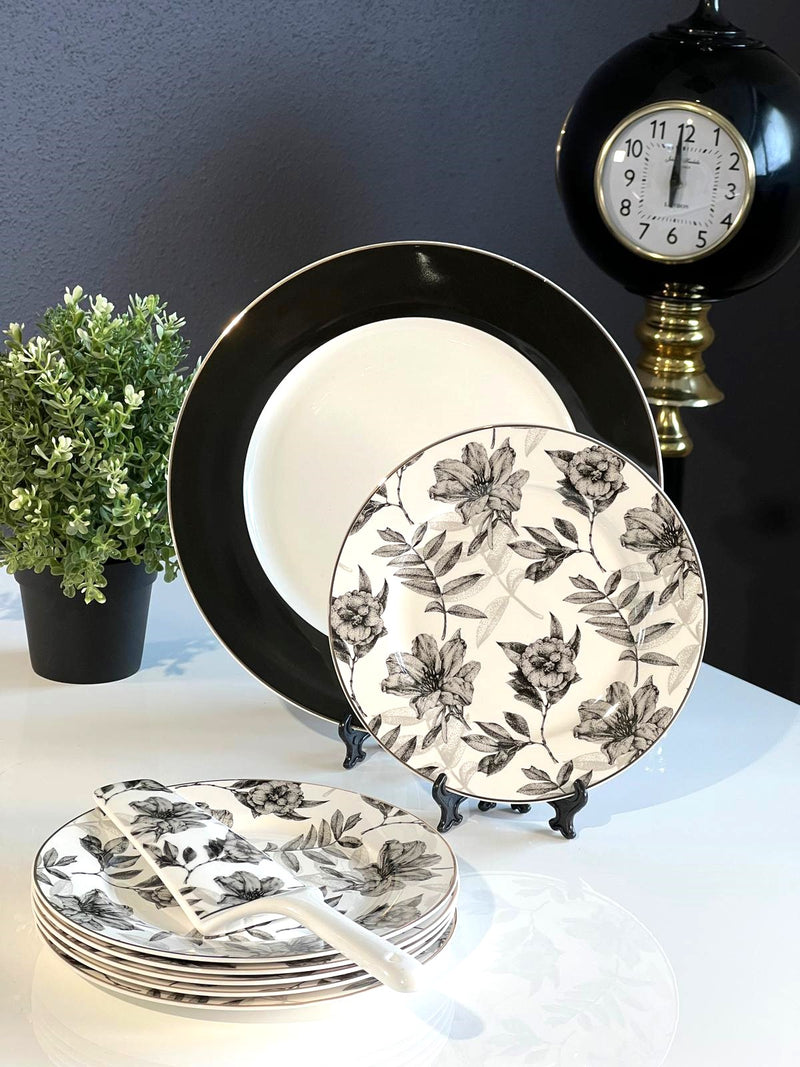 TREND HOME Set Dessertteller schwarz weiß blumig 8 Stück