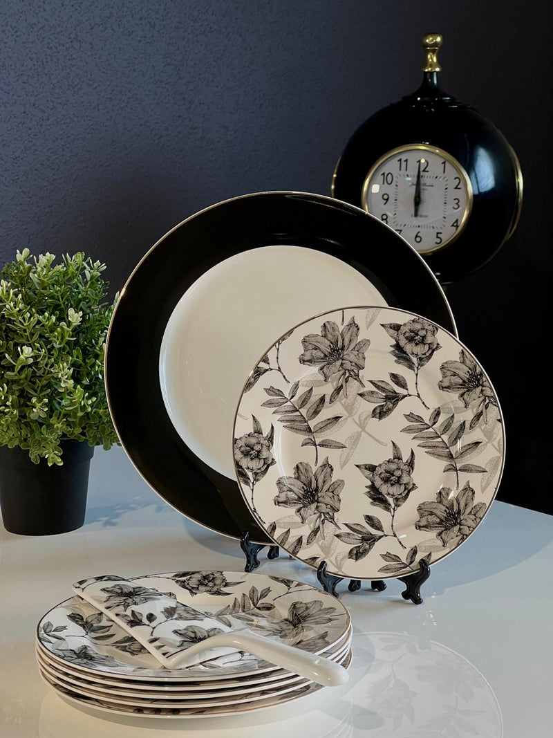 TREND HOME Set Dessertteller schwarz weiß blumig 8 Stück