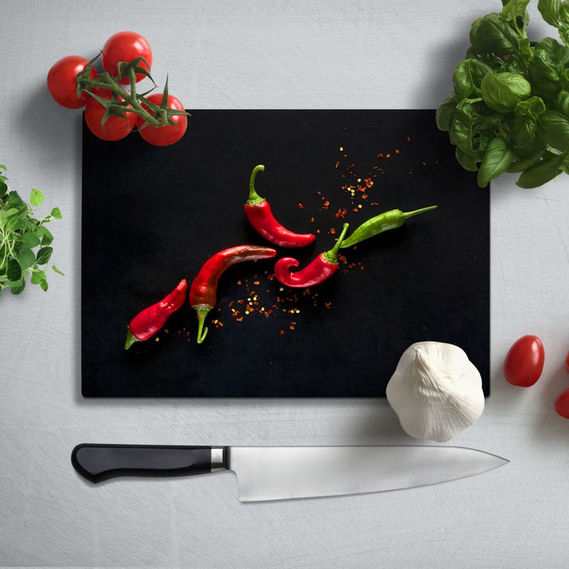 BELLART - Rote und grüne Chilischote - Glasschneidebrett mit UV-Druck 35x25 cm