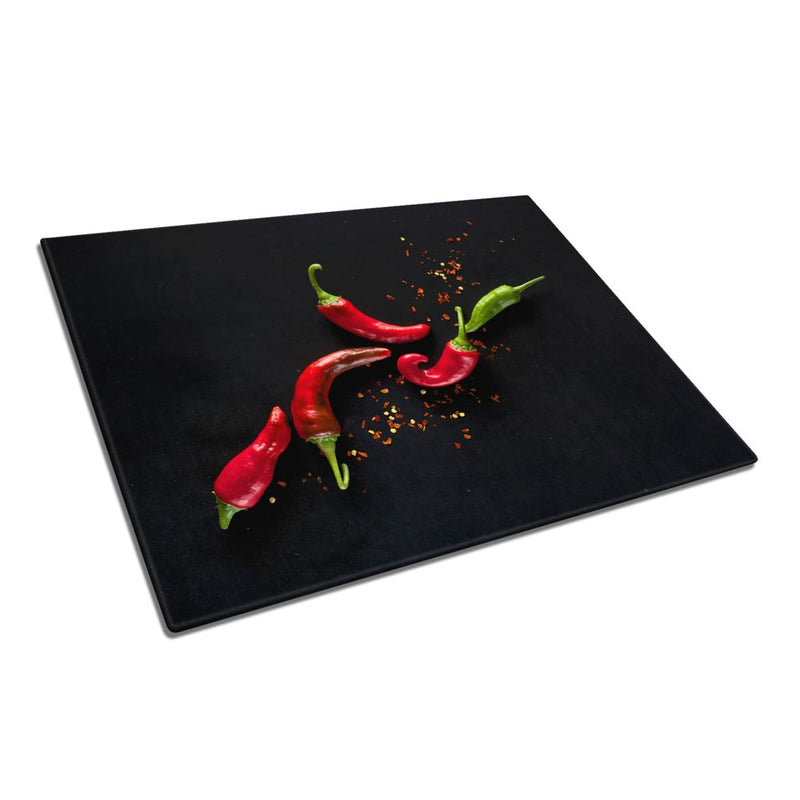 BELLART - Rote und grüne Chilischote - Glasschneidebrett mit UV-Druck 35x25 cm