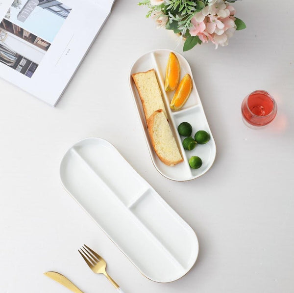 TREND HOME COLLECTION  Set aus 2 weißen, ovalen Teller mit 3 Fächern und goldener Bordüre