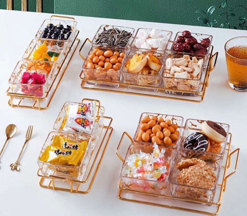 TREND HOME COLLECTION Aperitif-Tablett mit 3 quadratischen Glasschalen mit Deckel