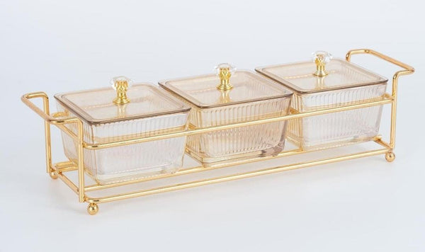 TREND HOME COLLECTION Aperitif-Tablett mit 3 quadratischen Glasschalen mit Deckel