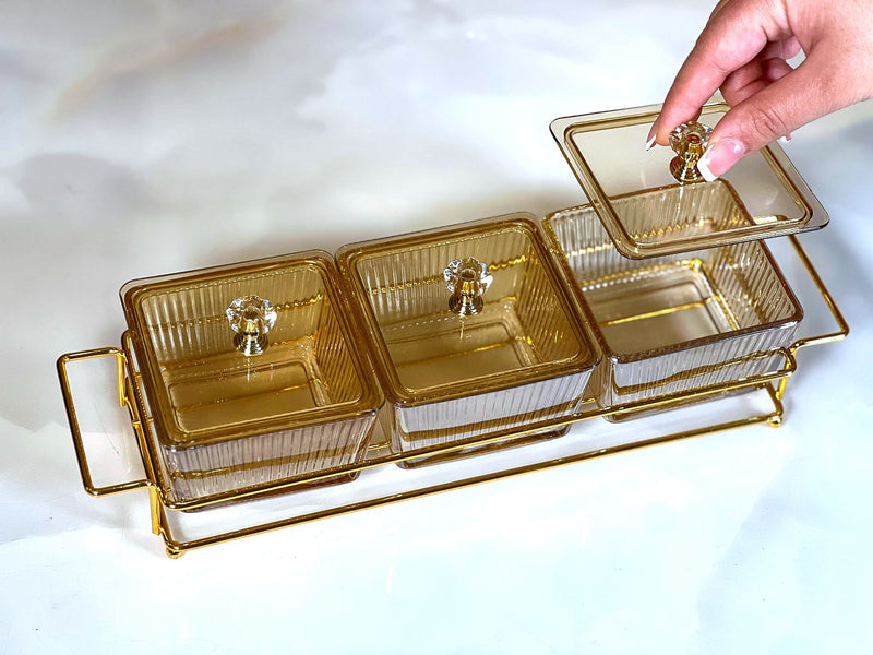 TREND HOME COLLECTION Aperitif-Tablett mit 3 quadratischen Glasschalen mit Deckel