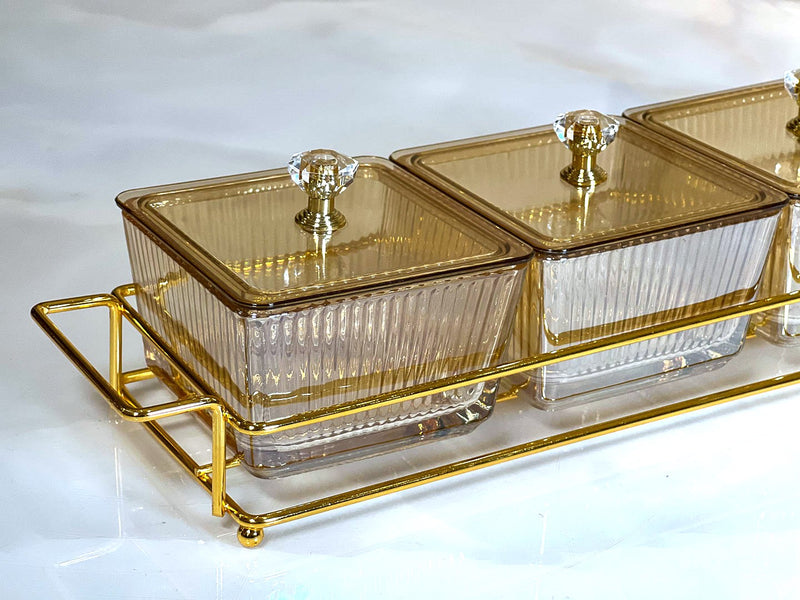TREND HOME COLLECTION Aperitif-Tablett mit 3 quadratischen Glasschalen mit Deckel