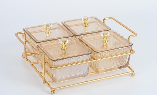 TREND HOME COLLECTION Aperitif-Tablett mit 4 quadratischen Glasschalen mit Deckel