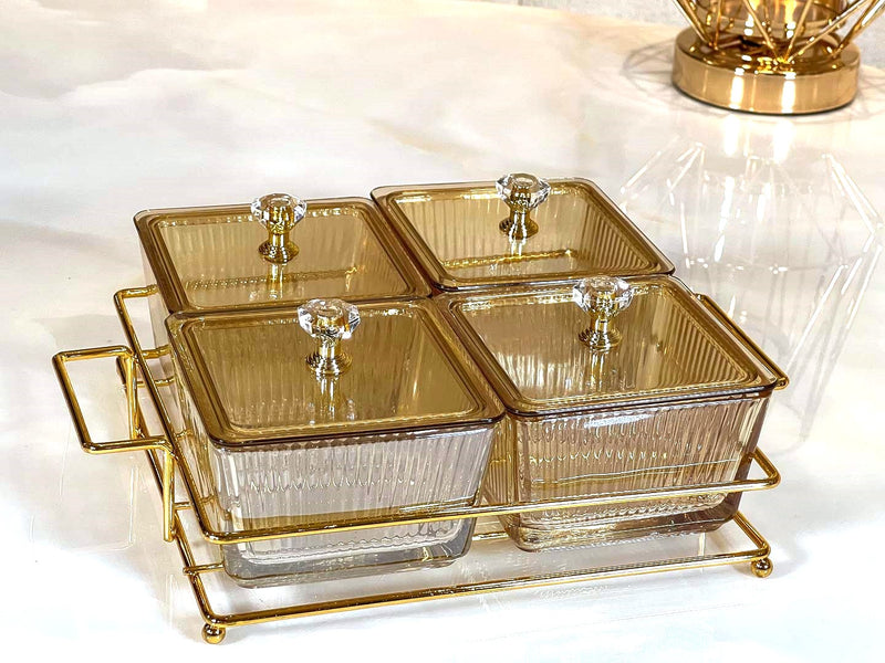 TREND HOME COLLECTION Aperitif-Tablett mit 4 quadratischen Glasschalen mit Deckel