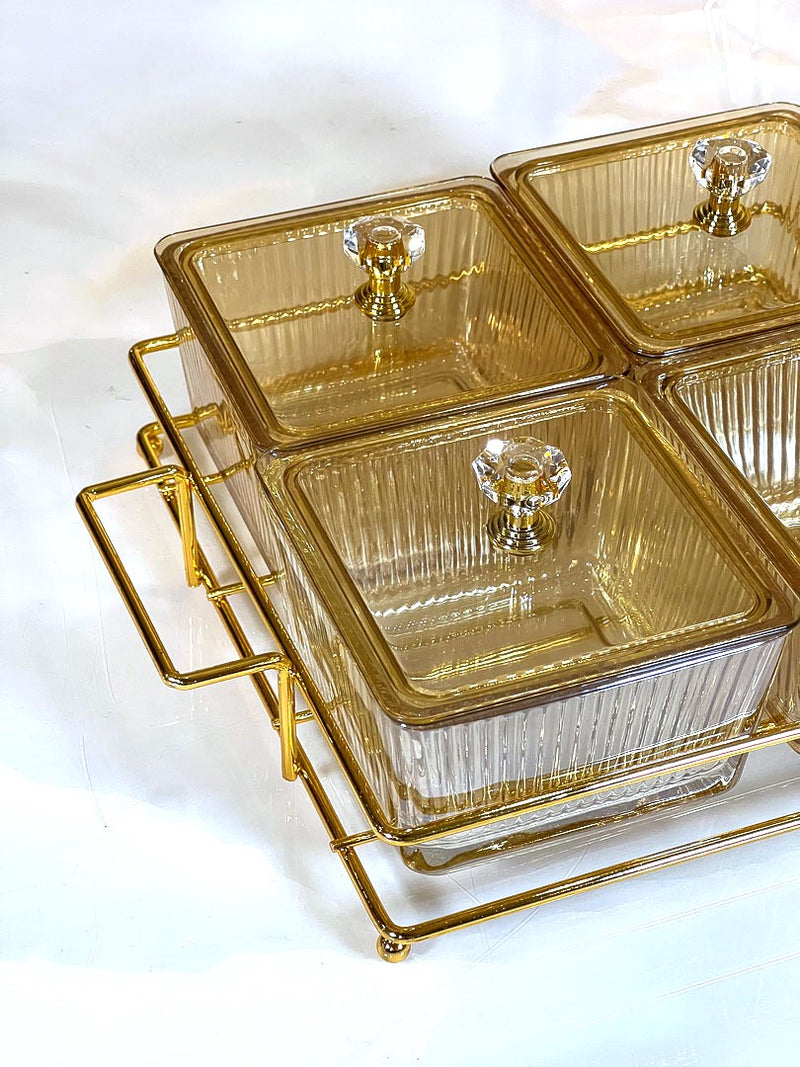 TREND HOME COLLECTION Aperitif-Tablett mit 4 quadratischen Glasschalen mit Deckel