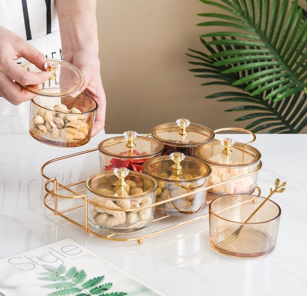 TREND HOME COLLECTION Aperitif-Tablett mit 6 runden Glasschalen mit Deckel