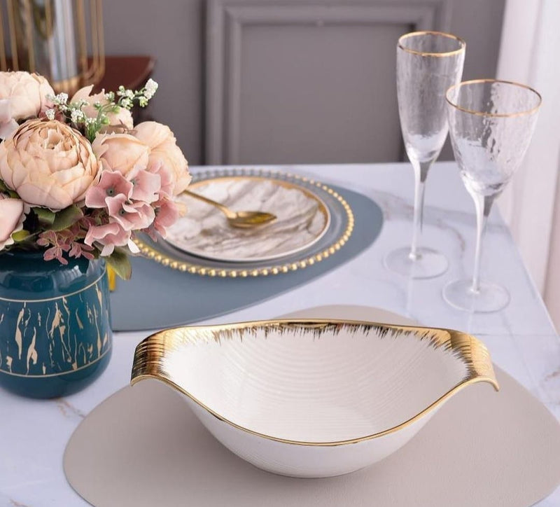 TREND HOME BOWL Tiefer Servierteller aus weißem/goldenem Porzellan 32 cm