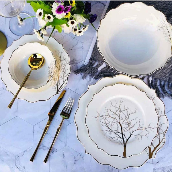 ZELLERFELD Tafelservice weiß mit goldenem Baum-Motiv 25 Teile 6 Personen