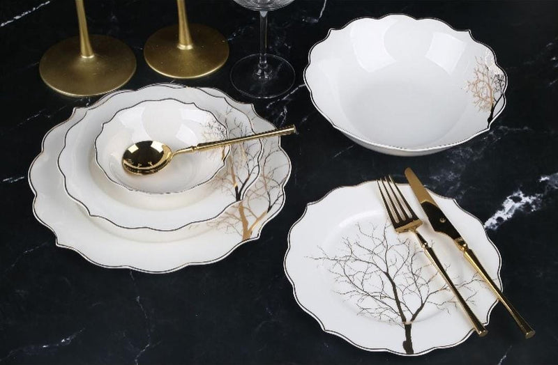 ZELLERFELD Tafelservice weiß mit goldenem Baum-Motiv 25 Teile 6 Personen