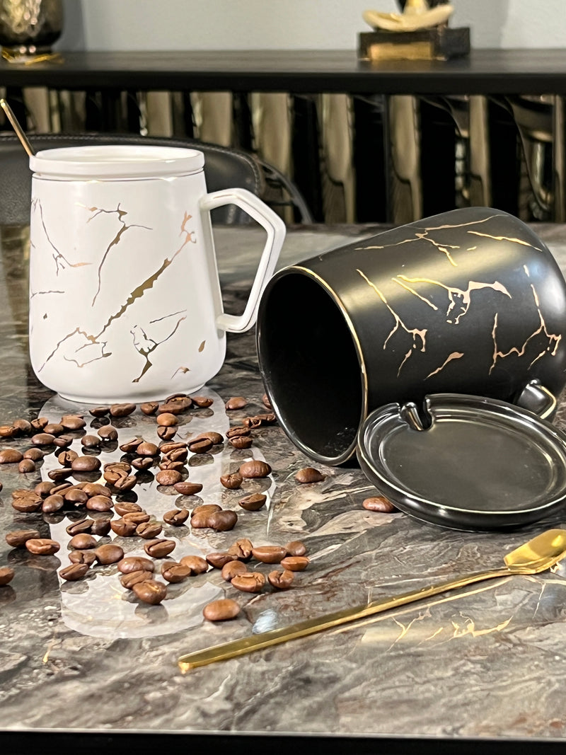 TREND HOME COLLECTION 2er-Set Mugs weiß - schwarz Marmormuster gold 6 Stk