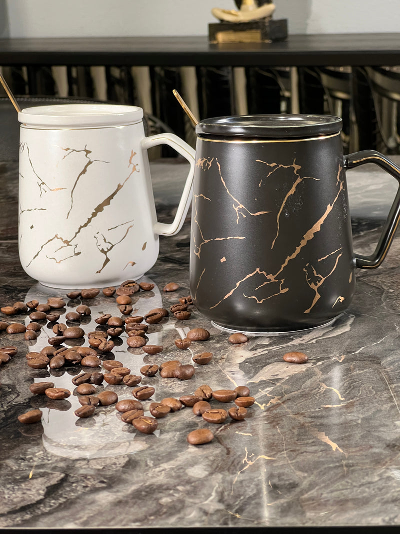 TREND HOME COLLECTION 2er-Set Mugs weiß - schwarz Marmormuster gold 6 Stk
