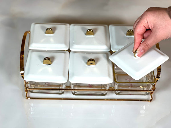 TREND HOME Aperitif-Tablett mit 6 quadratischen Porzellanschalen mit Deckel