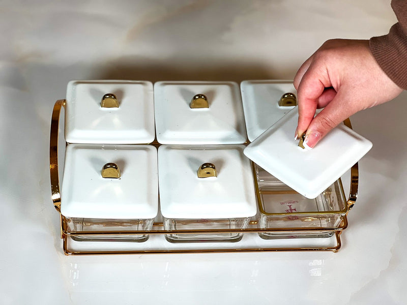 TREND HOME Aperitif-Tablett mit 6 quadratischen Porzellanschalen mit Deckel
