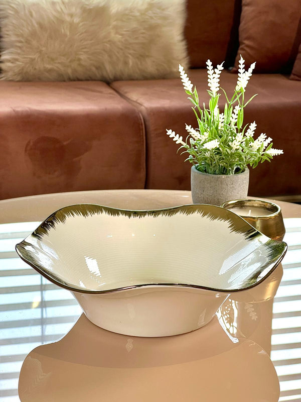 TREND HOME FLORA Servierteller aus weißem/goldenem Porzellan 