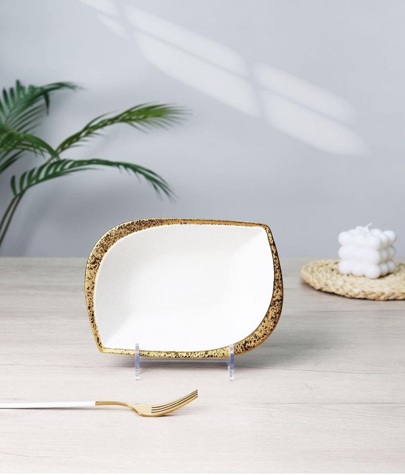 TREND HOME LEAF Servierteller aus weißem/goldenem Porzellan 25 cm