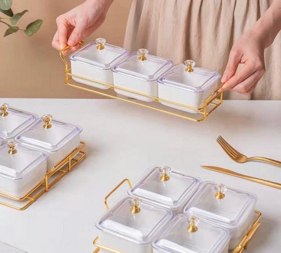 TREND HOME WHITE Aperitif-Tablett mit 6 quadratischen Schalen mit Deckel